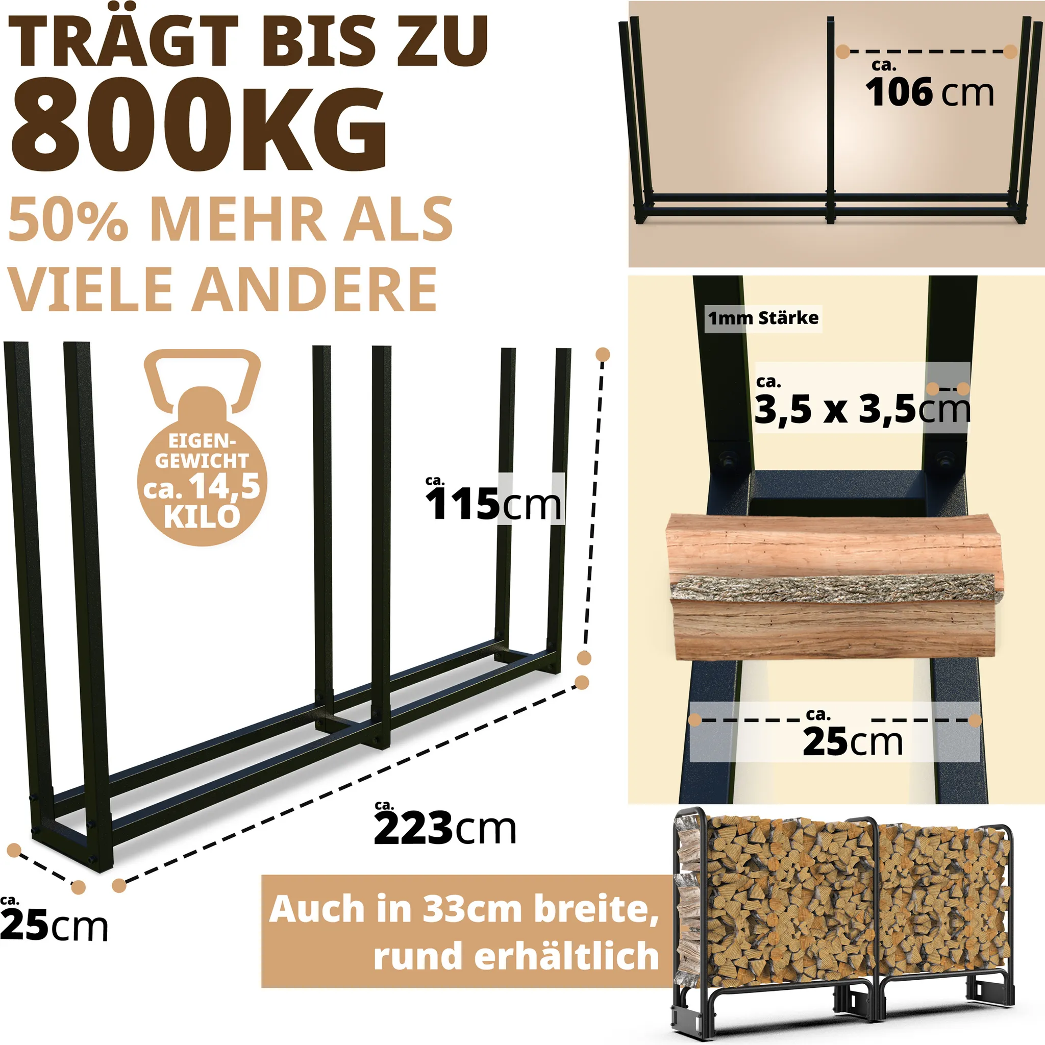 Kaminholzregal außen Metall 223 x 25 x 115 cm Stapelhilfe anthrazit für 800kg