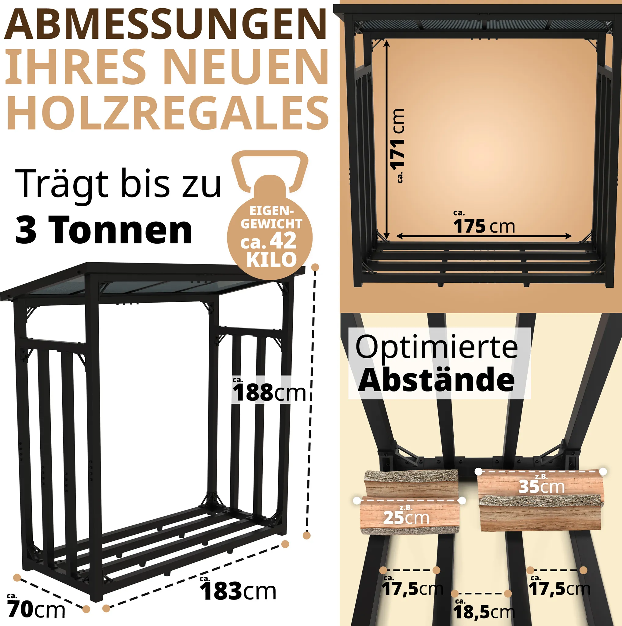 Kaminholzregal aussen Metall 188x70x188 cm verzinkt schwarz mit Dach