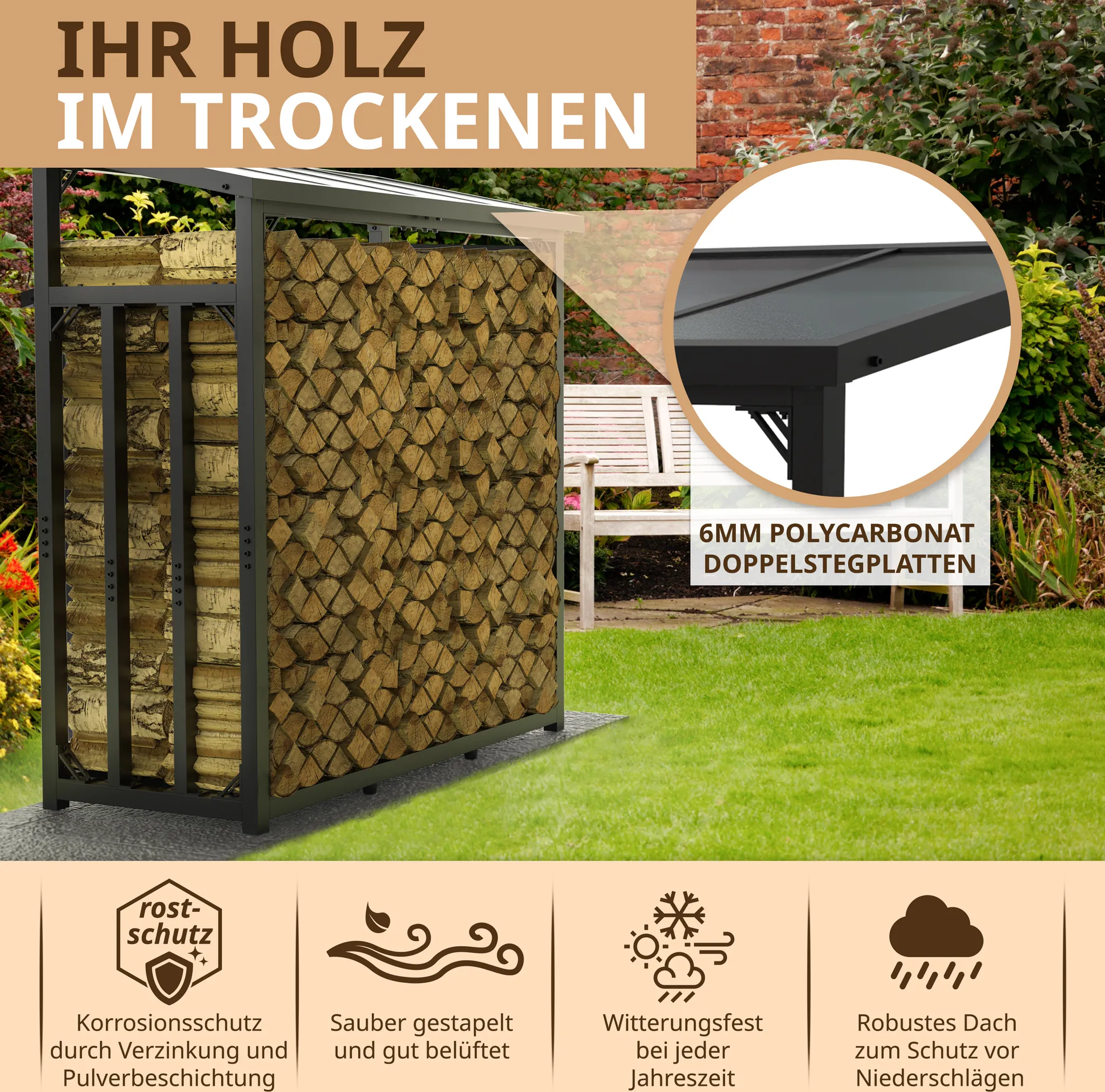 Kaminholzregal aussen Metall 188x70x188 cm verzinkt schwarz mit Dach
